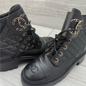 CHANEL Black Quilted Combat Boots with Chain Detail
